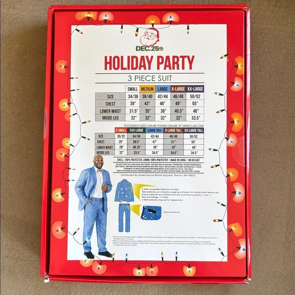 Brand New Dec 25th Men's Holiday 3-Piece LED Light Up Suit Set Christmas Blue